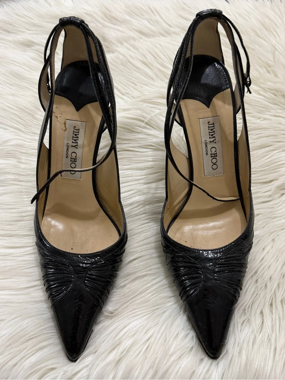 Jimmy Choo Black Patent Pointed Toe Strap Pumps
